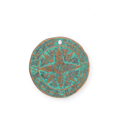 26mm, Weathered Compass - Copper Verdigris Plated (3pcs)